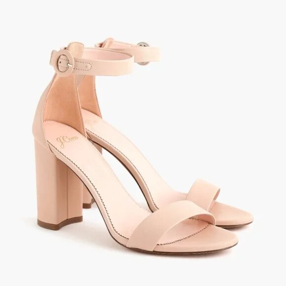 J Crew Stella Leather Peep Toe Block Heel Sandal Ankle Strap Beige Stone - Picture 1 of 14